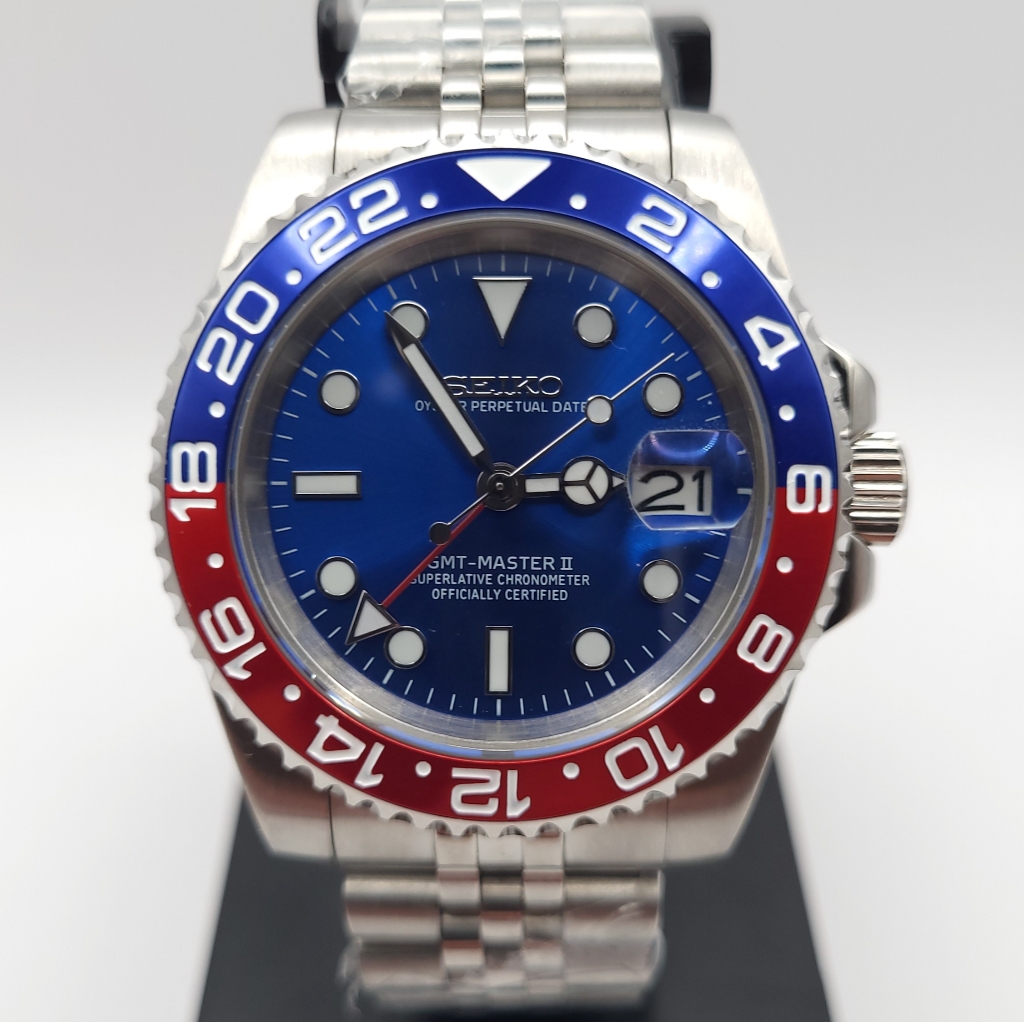 New Custom 40mm Seikomod Automatic Gmt Watch Blue Dial